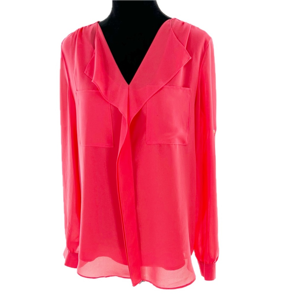 Calvin Klein Coral Sheer Lined Ruffle Front Blouse Polyester Size Medium